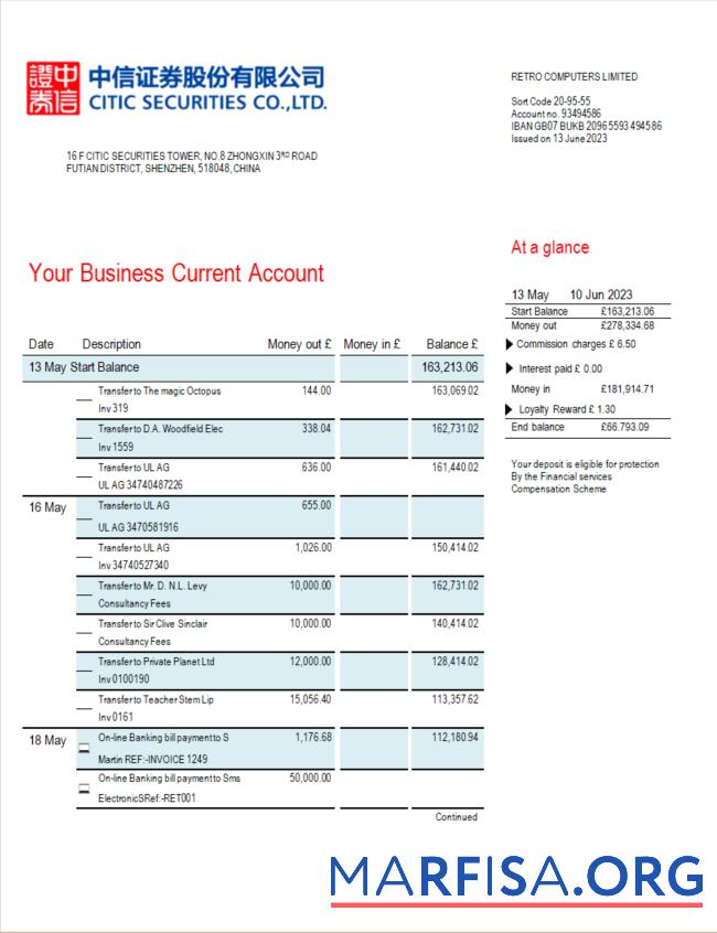 Printable Citic Securities bank firm account statement Word and PDF template